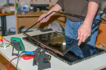 Technician performing TV repair & replace service